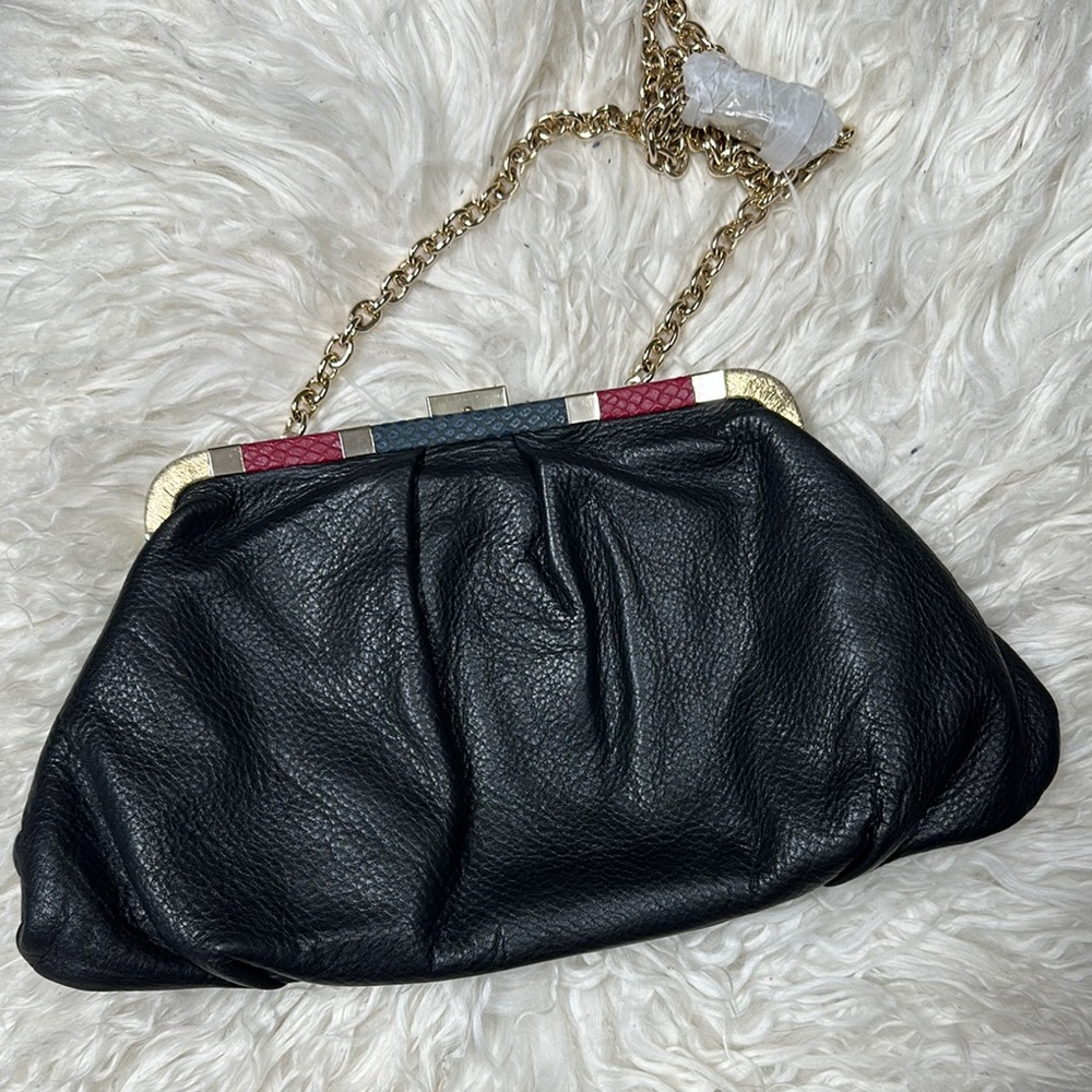 Black Leather Chain-Handle Clutch